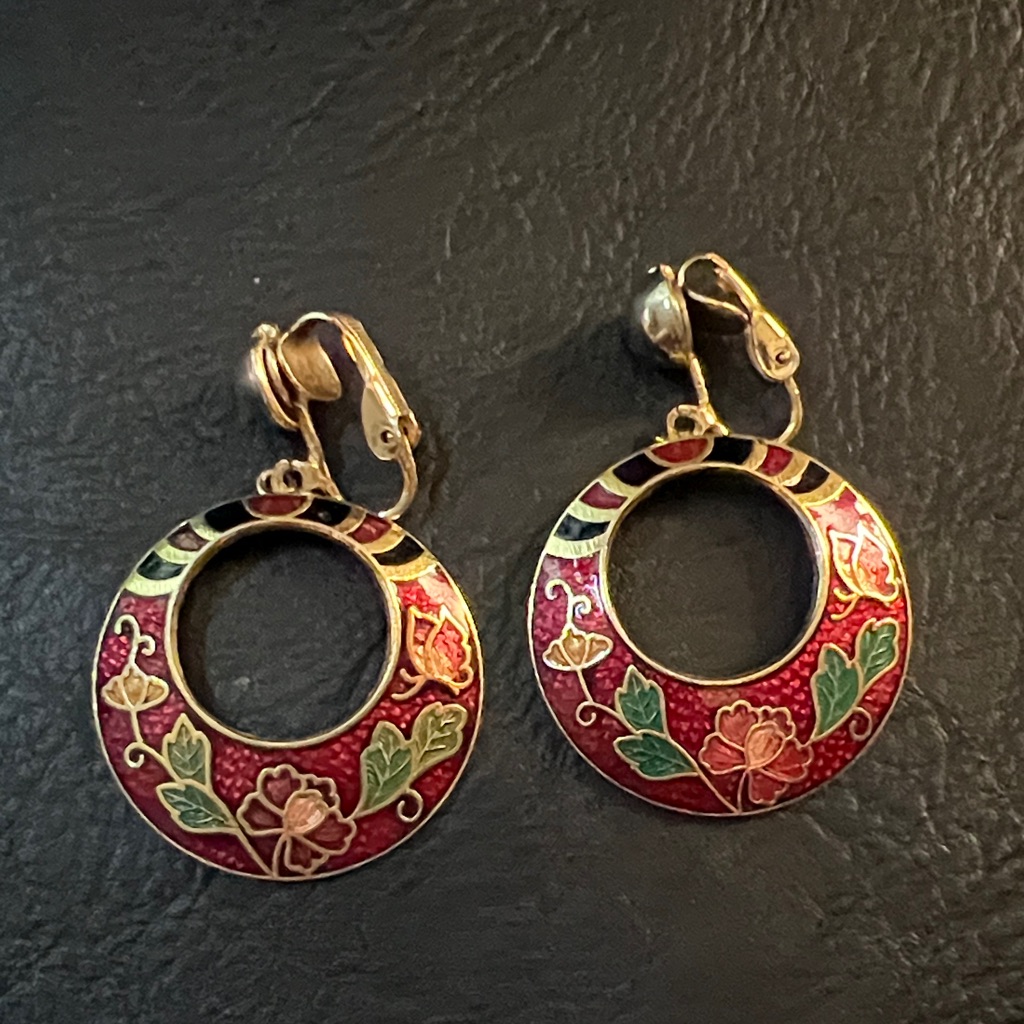 52 Chic Floral Red And Gold Hoop Earrings 30$